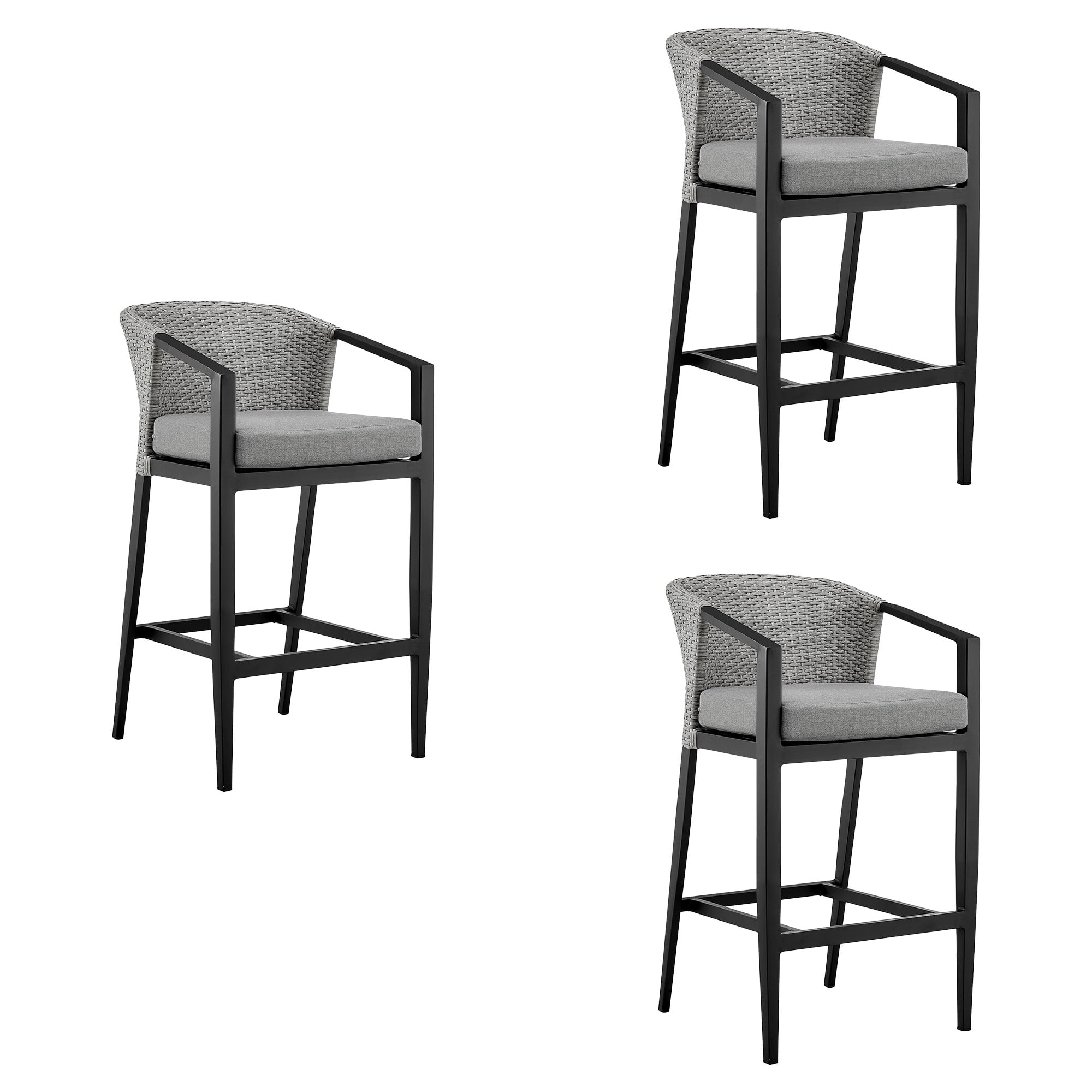 Palma Outdoor Patio Bar Stool in Aluminum and Wicker with Gray Cushions - Set of 3