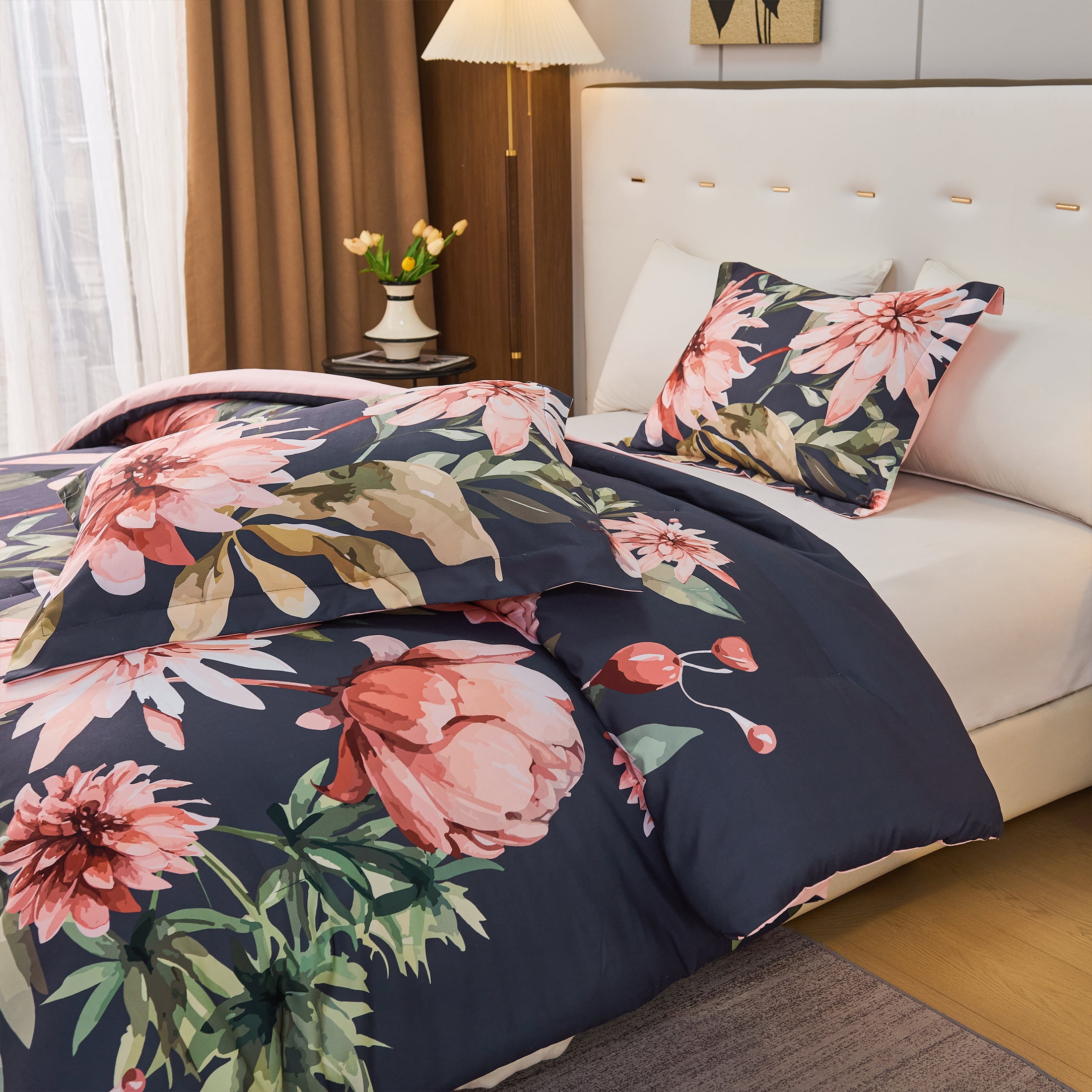 Koniroom Black and Pink Floral Comforter Set King Size – Reversible 3 Pieces Botanical Flower Bedding for All Seasons
