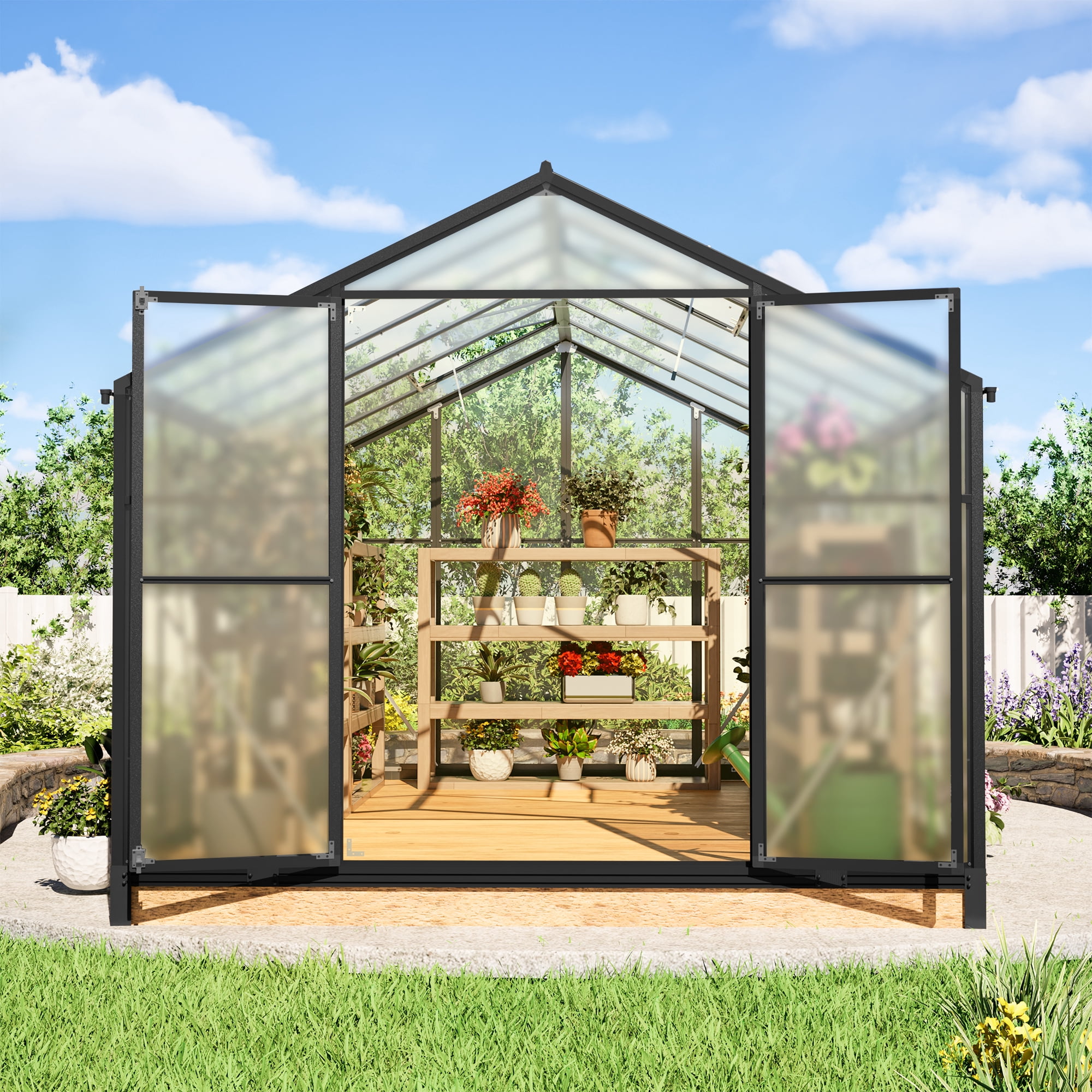 LZBEITEM 12'x8' Outdoor Greenhouse, Walk-in Polycarbonate Green House with Aluminum Frame for Backyard, Black
