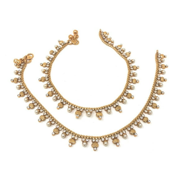 Duel On Jewel Gold-Plated Layered Chain Anklet Payal Pair with Pearls, Cubic Zircon, and Bell Details, 10.25-Inch Length, S-Hook Clasp, Traditional Indian Jewelry for Bridal, Dance, and Beach
