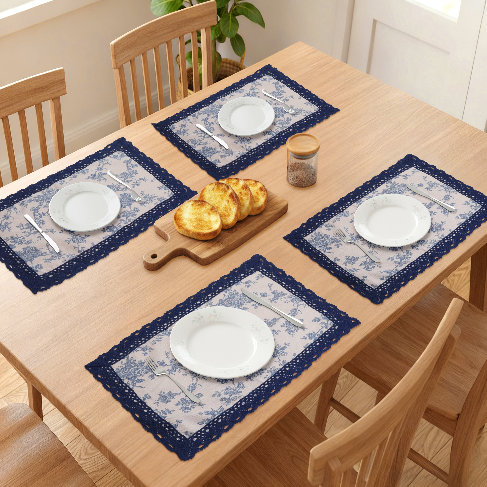 Unique Bargains Set of 6 Rustic Washable Table Mat Placemats with Lace Trim Blue Rose