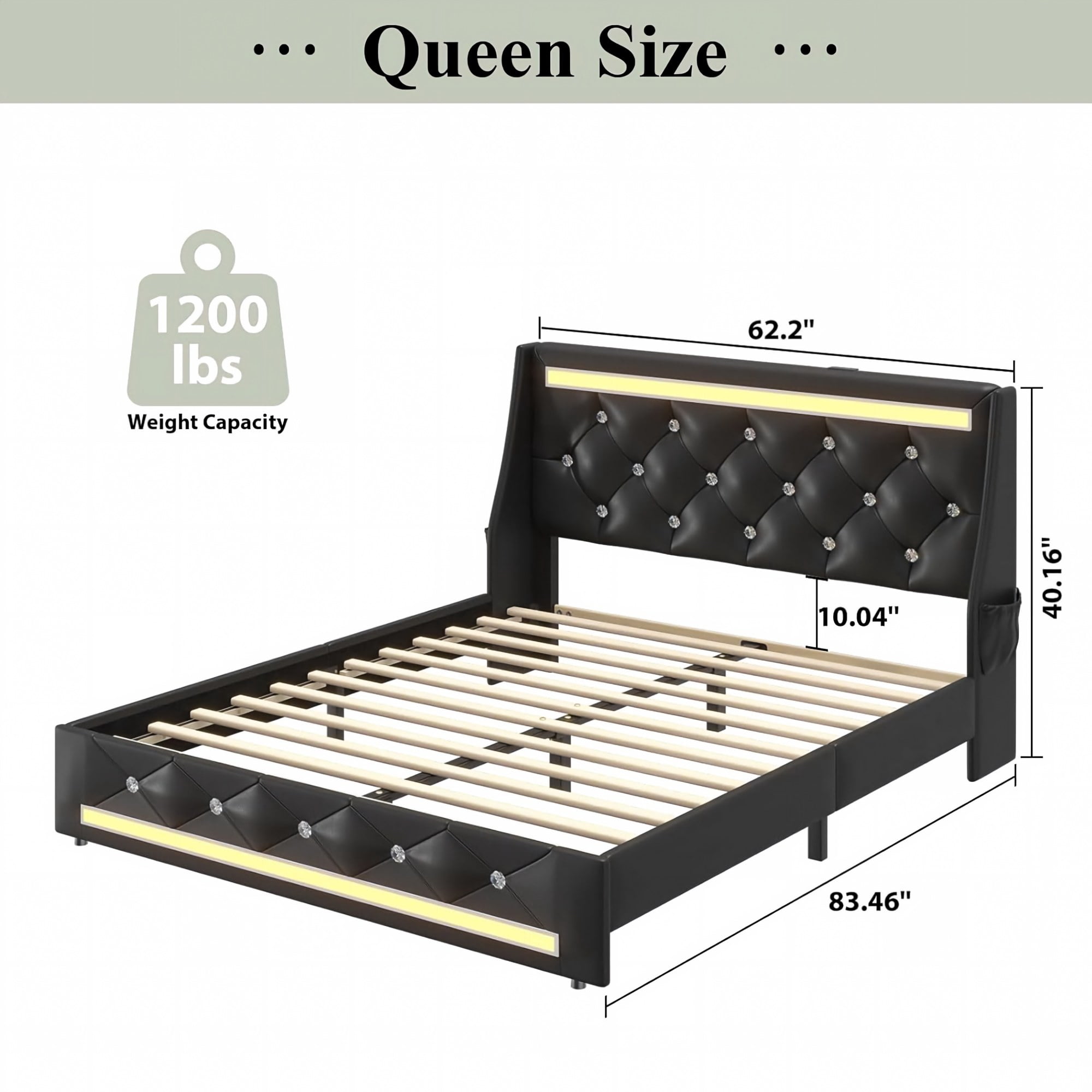 BSHTI Queen Size Faux Leather Upholstered Bed Frame with LED Lights, Charging Station, Diamond Headboard, No Box Spring Needed for Bedroom(Black)