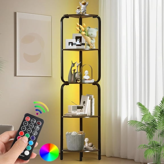 Corner Shelf with LED Light，5 Tier Corner Shelves Black for for Living Room, Bedroom, Home Decor, Corner Bookshelf 64" Metal Display Corner Shelf Stand
