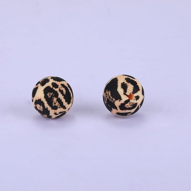 Printed Round with Leopard Print Pattern Silicone Focal Beads Black 15x15mm Hole: 2mm