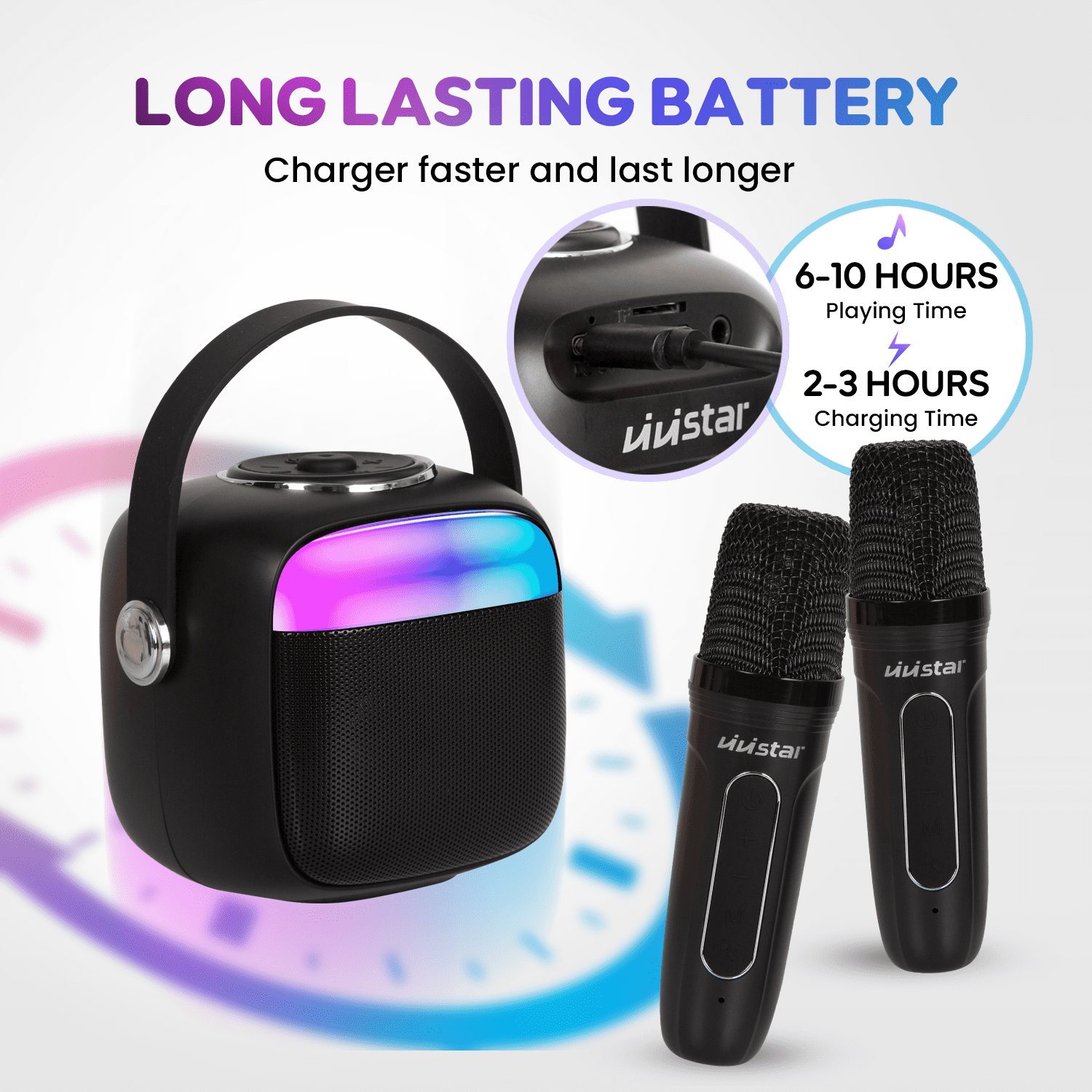 VIVISTAR Karaoke Machine for Kids Portable Bluetooth Speaker with 2 Wireless Microphones Mini Karaoke Speaker with LED Lights Birthday Gifts for Adults Girls Boys Family Home Party Outdoor (Black)