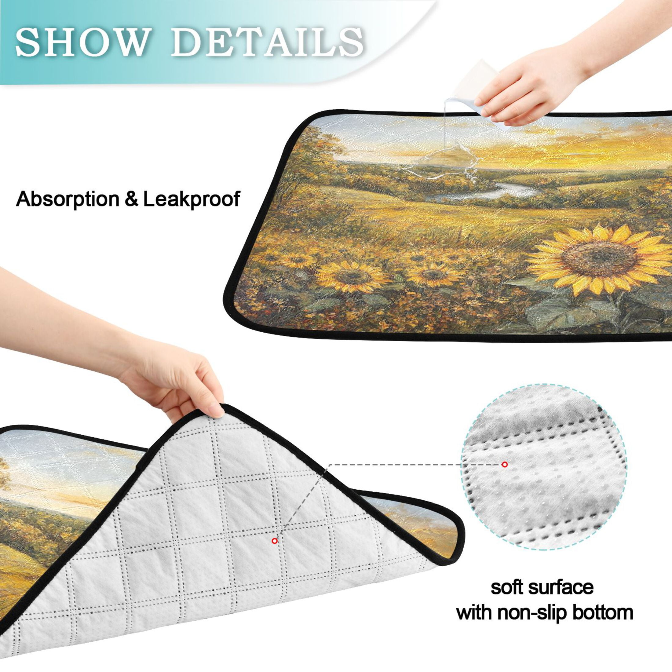 Qxltty Oil Painting Of Sunflower Cat litter Pads Pet Set of 3 Diaper Mats Center Anti-leakage Layer Absorbent Soft and Comfortable