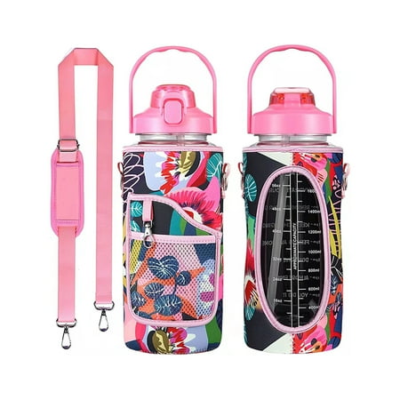 

Seekfunning Water Bottle with Sleeve & Strap 2L Water Bottle with Straw & Time Marker to Drink BPA Free Workout Gym Sport Water Jug Women Men with Mug Cover