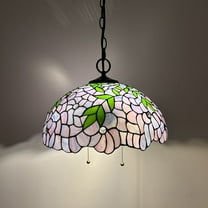Tiffany Pendant Lights Fixture Purple Stained Glass Green Leaves LED Bulb Included for Dining Room Hotel Restaurant Cafe 16"W*16"D*75"H