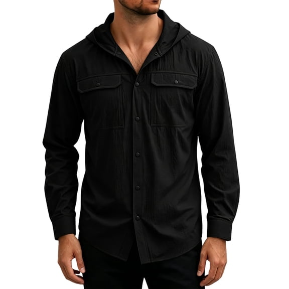 Lanyiu Men Quick-Dry Fishing Long Sleeve Shirt Button Up Hooded Sun Shirt With Pocket Casual Lightweight Shirt for Outdoor