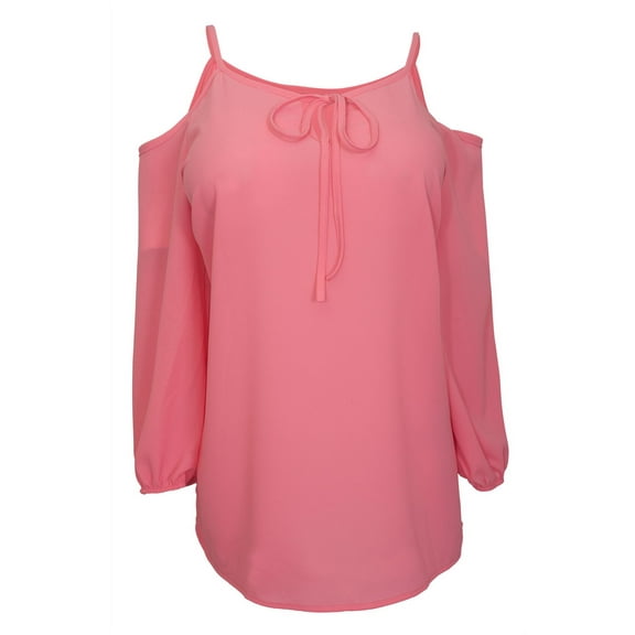 eVogues Plus Size Off Shoulder Chiffon Top Coral