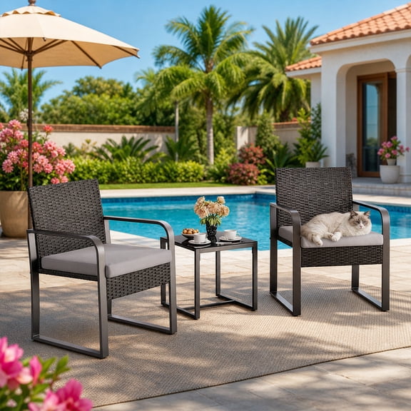 Aiho outdoor rocking chairs set of 3 with PE Wicker, All-Weather outdoor patio furniture set with Coffee Table and Soft cushions, For Garden, Backyard, Poolside, Balcony, Patio and Porch-Blue