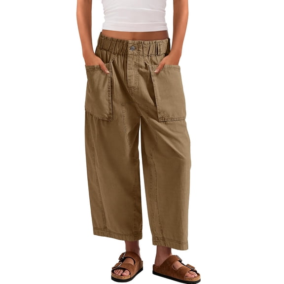 Womens Barrel Wide Leg Cropped Pants Elastic High Waist Pull On Harem Pants with Pockets Summer Baggy Pant, XL