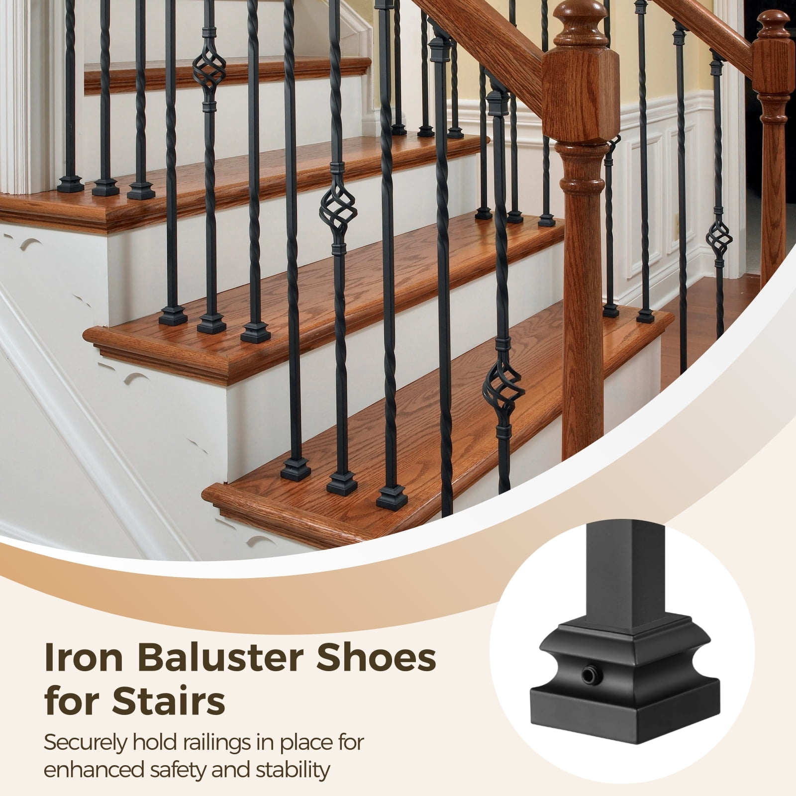 Patavin 12-Pack 1/2" Iron Baluster Shoes - Satin Black, Flat Mount For Square Hollow Spindles, Stair Railing Connectors