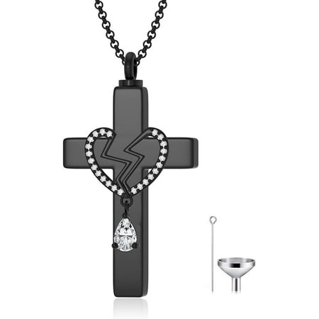 SISGEM Black Religion Cross Necklace for Ashes, Custom Black Gold Broken Heart/Ankh Cross Urn Locket for Ashes Keepsake Cremation Jewelry for Women Men