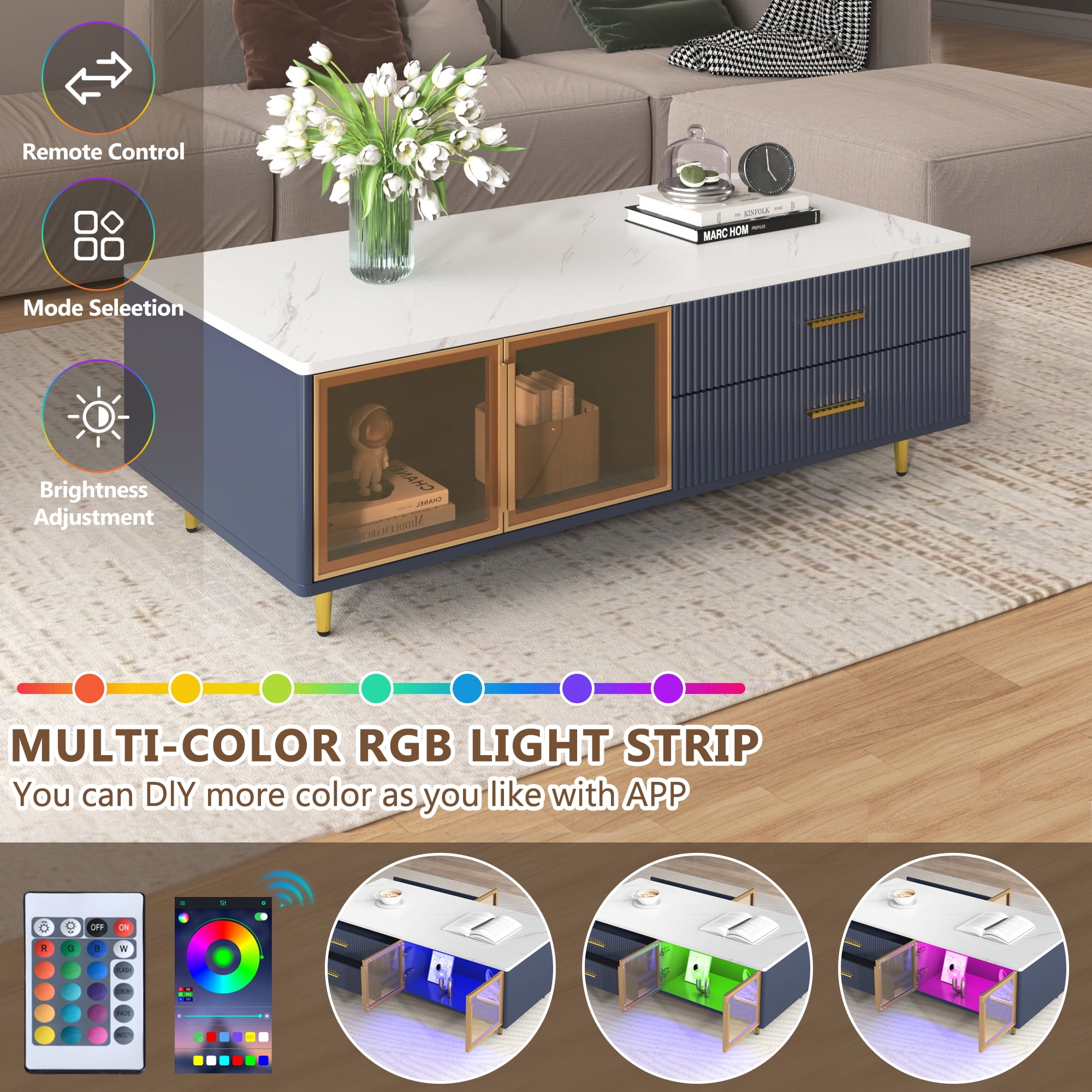 TesNus 47.2" Navy Blue Coffee Table with 2 Glass Doors, 4 Drawers and Multi-Color Lighting for Living Room