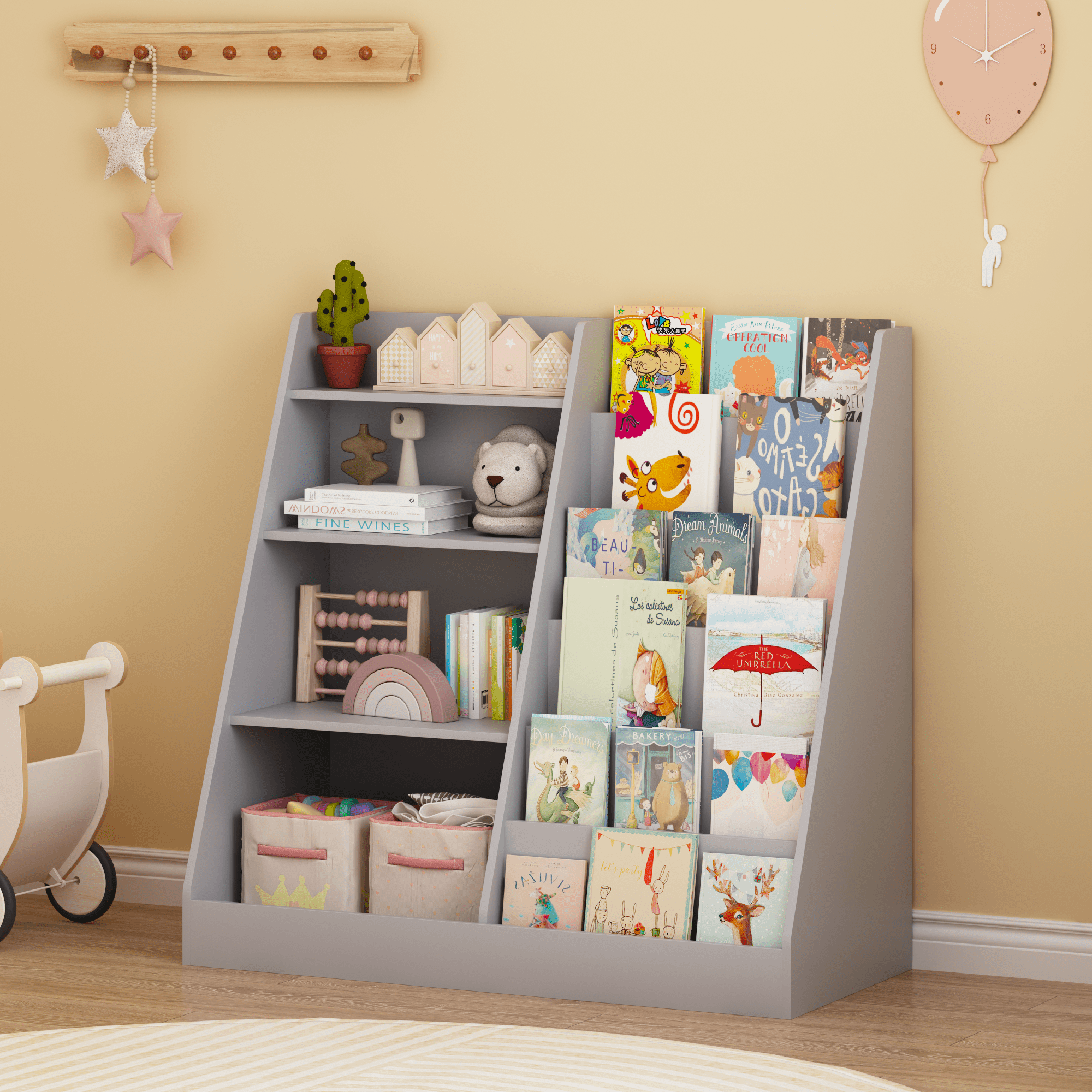 Kids Bookshelf and Toy Storage Organizer, Multifunctional 4 Tier Wooden Kids Book Shelf with Bookcase Display Stand in Kids Room Playroom Nursery for Kids, Children, Toddlers (Gray)