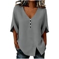 thumbnail image 2 of Neewe Womens 3/4 Sleeve Button Shirts Cotton Linen 3/4 Sleeve Tops V Neck Casual Loose Fit Blouses with Split Hem, 2 of 7