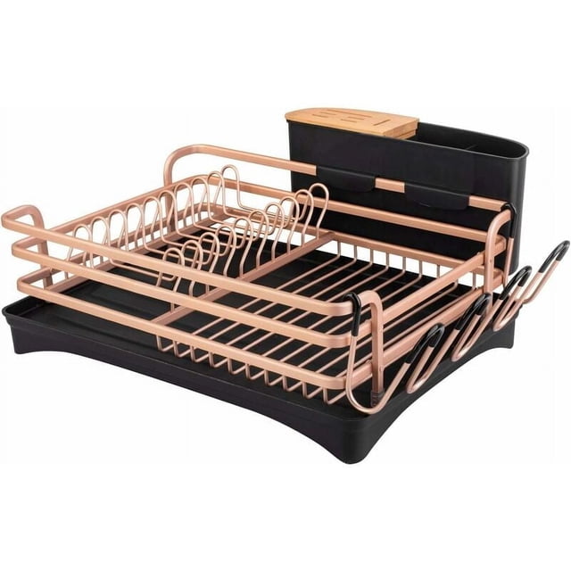 Escurridor de platos sobre el fregadero, diseño de dos niveles de aleación de aluminio que garantiza ahorro de espacio y gran capacidad de almacenamiento para la cocina, color dorado resistente al