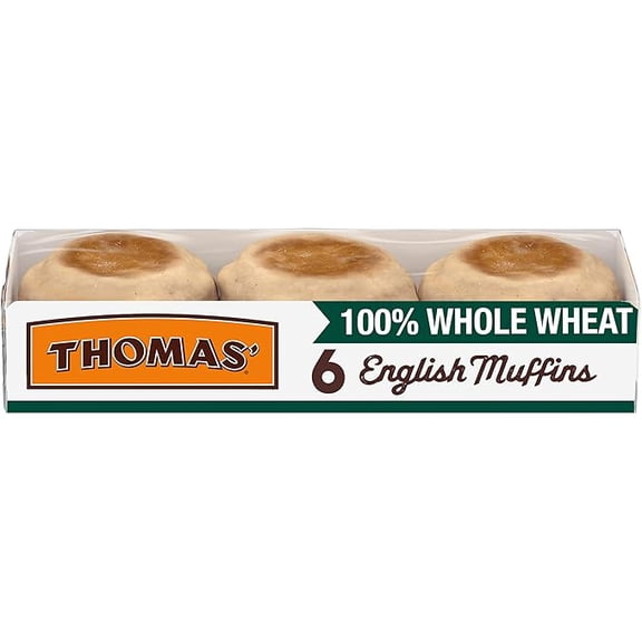Pack of 1 Reduced Shelf Life, Thomas’ 100% Whole Wheat English Muffins, 6 Count, 12 Oz Package of English Muffins
