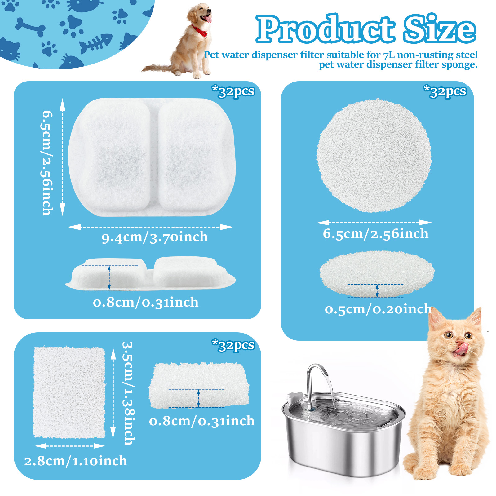 Threns 96Pcs Nonwoven Dog Water Filter Triple Filtration Cat Water Filter Effective Dog Fountain Filtration Anti Clogging for Cat