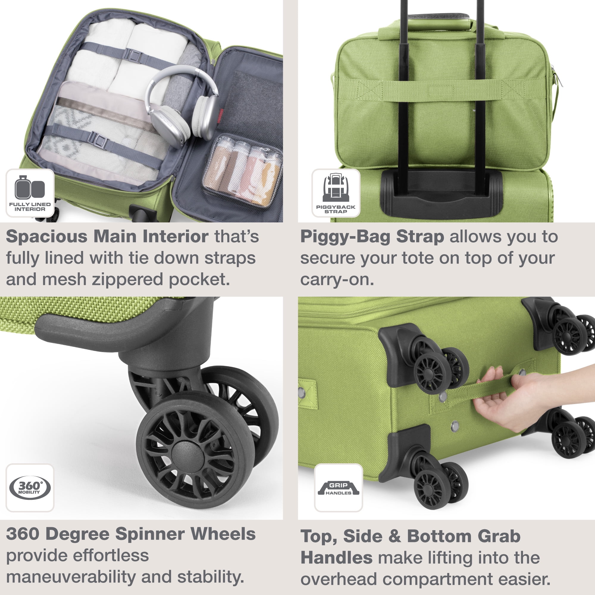 U.S. Traveler Rio 2-Piece Expandable Softside Carry-on Luggage Set - Spinner Wheels, TSA-Approved, Tote Bag, Lightweight Travel Suitcase, Light Green (22/14)