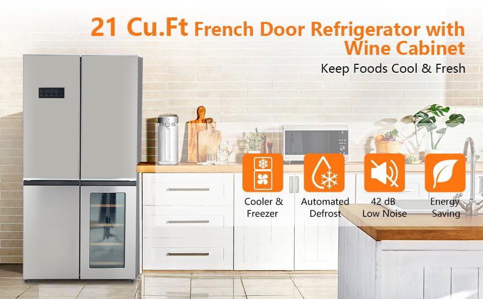 Historyli 595L French Door Refrigerator with Wine Cooler, Large Capacity Freezer Refrigerator, 605W