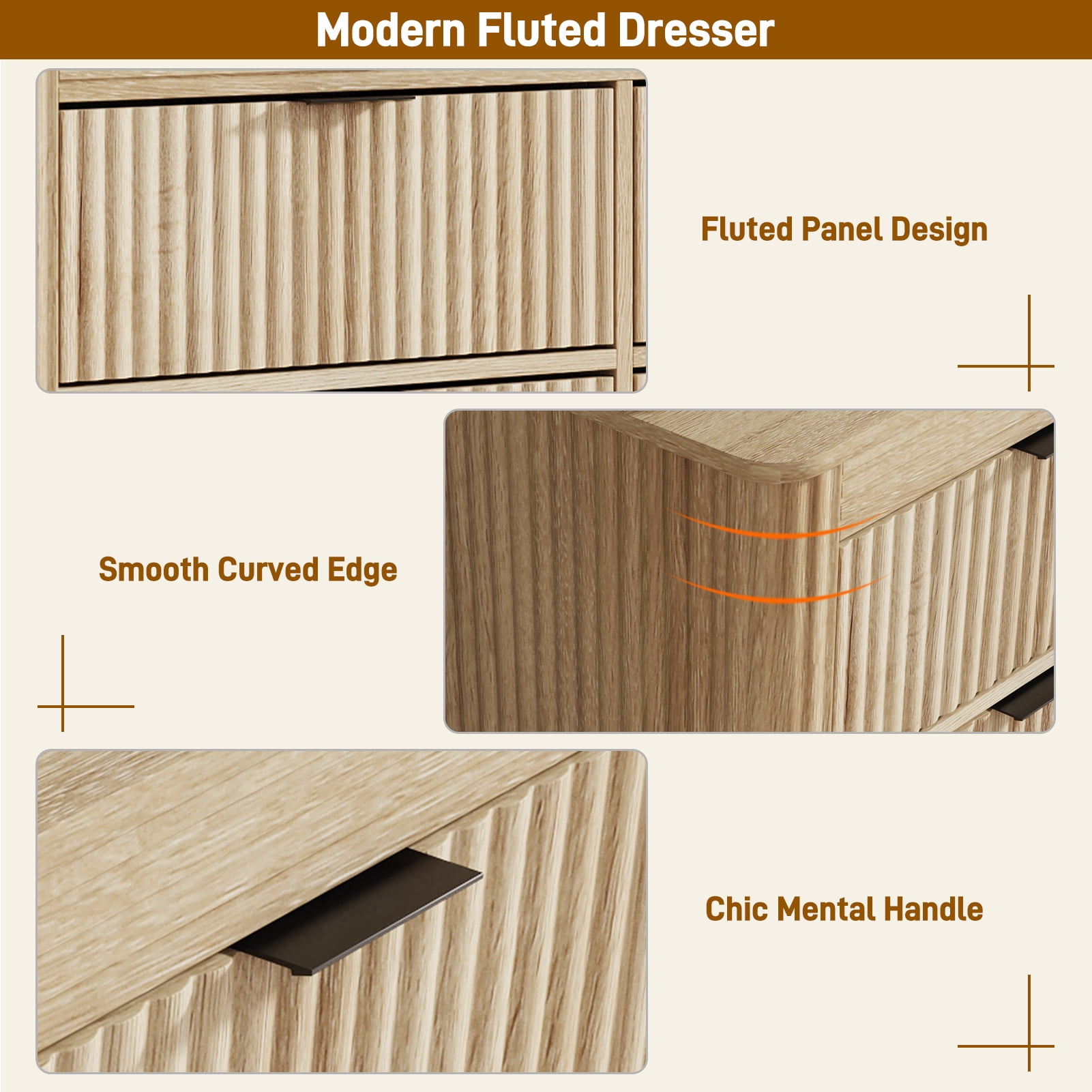 Blotout Fluted 9 Drawers Dresser for Bedroom, 63'' W Chest of Drawers with Power Outlet&Metal Handle, Fluted Fronts, Modern Dresser TV Stand, Wood Clothes Storage Organizer for Living Room, Hallway