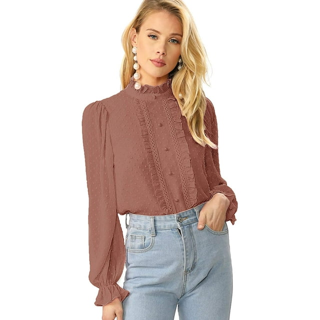 Women's Elegant Ruffle Trim Long Sleeve Buttoned Front Jacquard Blouse