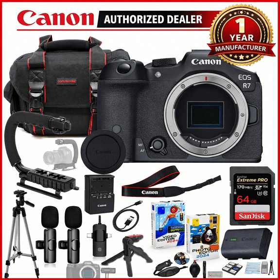 Canon EOS R7 Mirrorless Camera Body Only Bundle with with Commander Gear Bag   Wireless Microphone System   64GB Extreme Memory Card   Accessory Kit