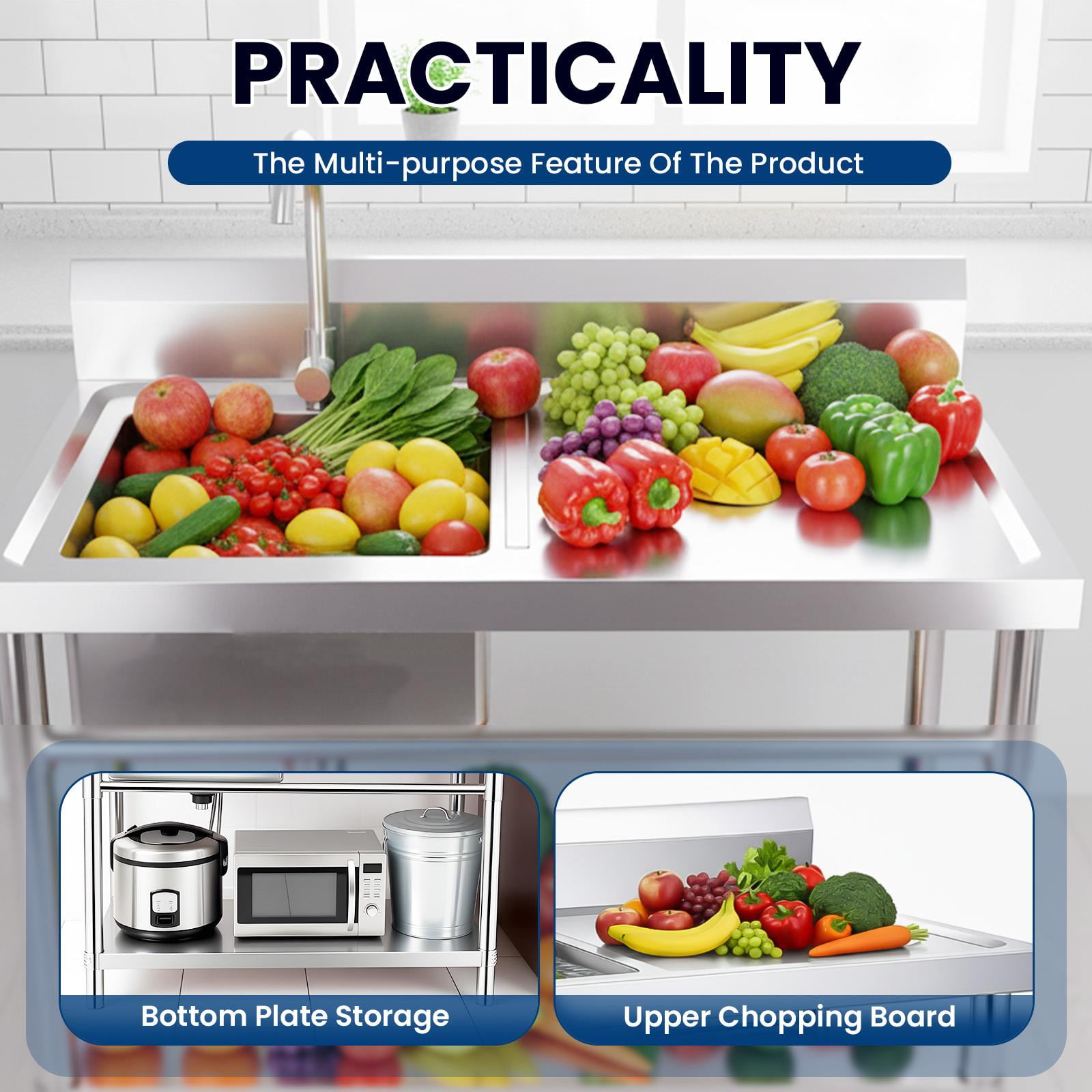 Heavy Duty Stainless Steel Utility Sink Load Up to 398LBS, Free Standing Single Bowl Commercial Kitchen Sink with Hot And Cold Water Inlet Pipes, 31.5×23.62×36.37 In, for Garage, Restaurant, Laundry