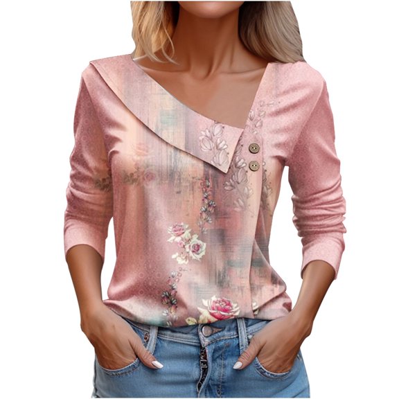 WREESH Womens Fashion Dressy Tops Side Button V-Neck Printed Long Sleeved Shirt T-Shirt Pullover Pink