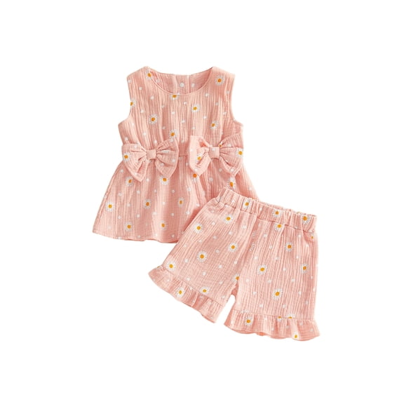 BemeyourBBs Toddler Baby Girl Summer Outfits Cute Daisy Dot Print Two Bowknot Sleeveless Tank Tops Ruffle Elastic Waist Shorts Set 2Pcs Summer Clothes