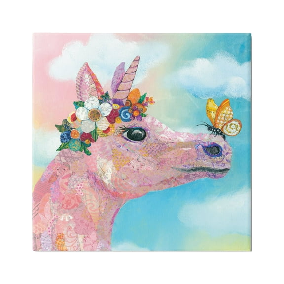 Stupell Industries Butterfly Kisses Pink Fantasy Unicorn Flower Blossoms Painting Gallery Wrapped Canvas Print Wall Art, Design by Lisa Morales