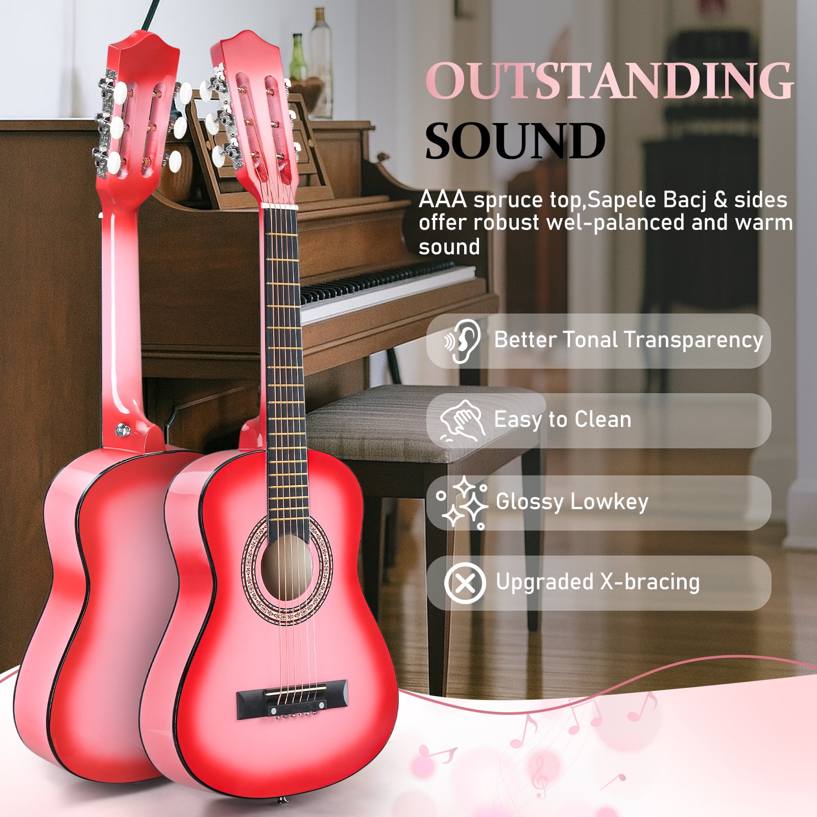 Ktaxon 30in Beginner Round Acoustic Guitar Starter Kit with Bag, Tuner, Extra Strings, Pink