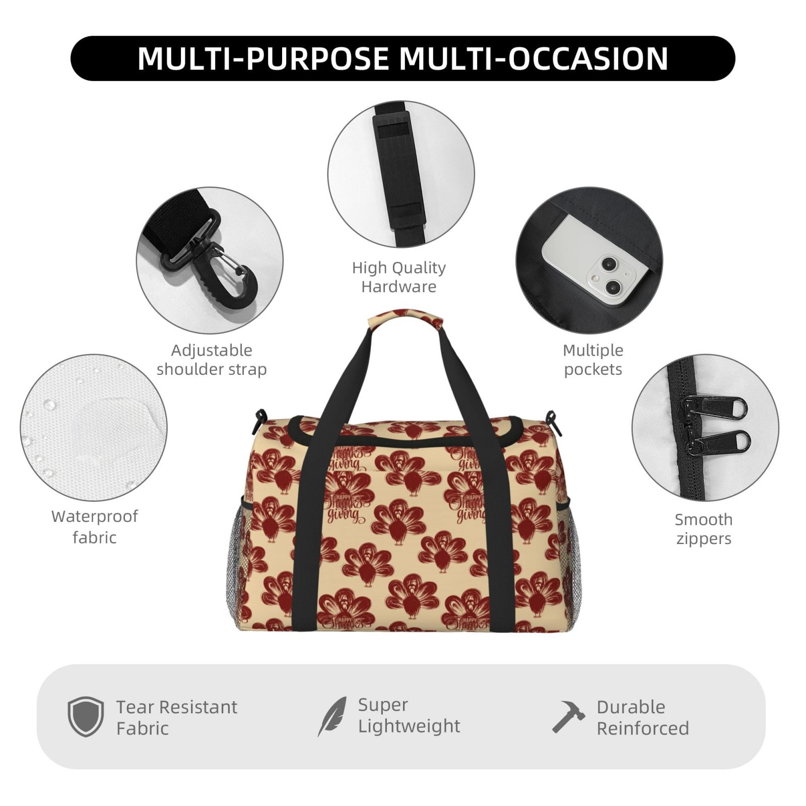 Fuzoiu Thanksgiving Sketch Turkey Print Travel Duffle Bag,Carry On Tote Bags,Duffel Bag,Sport Gym Bag, Hospital Bag for Labor and Delivery, Overnight Bag,Luggage Bag
