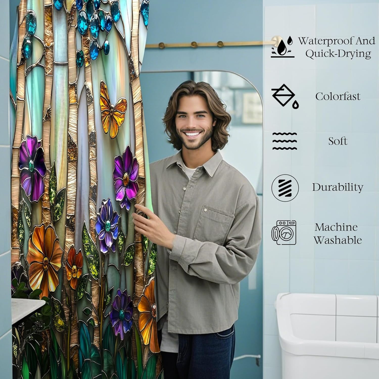 Stained Glass Birch Trees Shower Curtains Purple Floral Green Blue Diamond Barn Door Decor Waterproof Bathroom Curtains Set with Hooks-72"W x 72"L (Pack of 1)