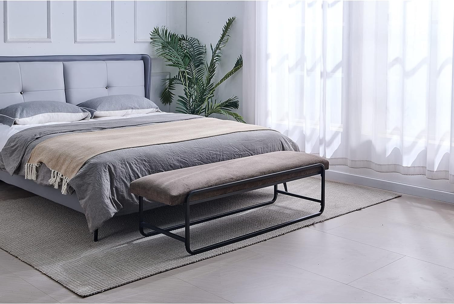Nathaniel Home Upholstered Bedroom Benches, 60 inch Kids Ottoman Vegan Leather Footrest Stool, Accent Bench for Entryway Bedroom End of Bed, Brown