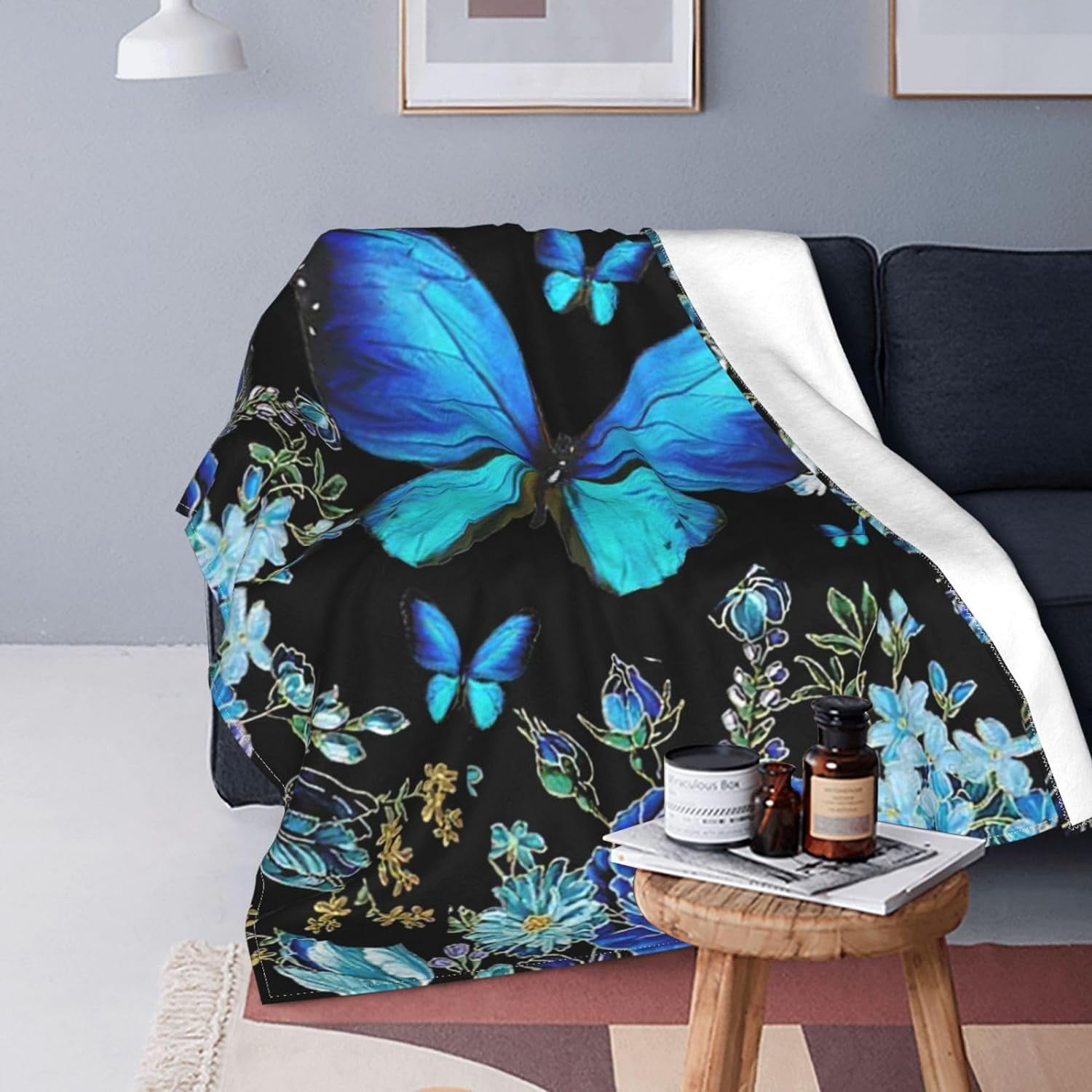 Butterfly Blanket Blue Butterflies Decor Throw Blanket Super Warm Soft Plush Fleece Flannel Beautiful Butterfly Flowers Blanket Gifts for Girls Boys Winter Couch Bedding for Baby Kids Women 50"X60"
