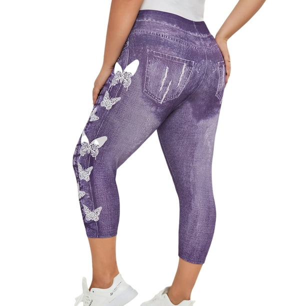 Innerwin Printed Denim Jeggings Plus Size Women Capri Fake Jeans Running  Oversized Yoga Pant Look Print Purple 4XL