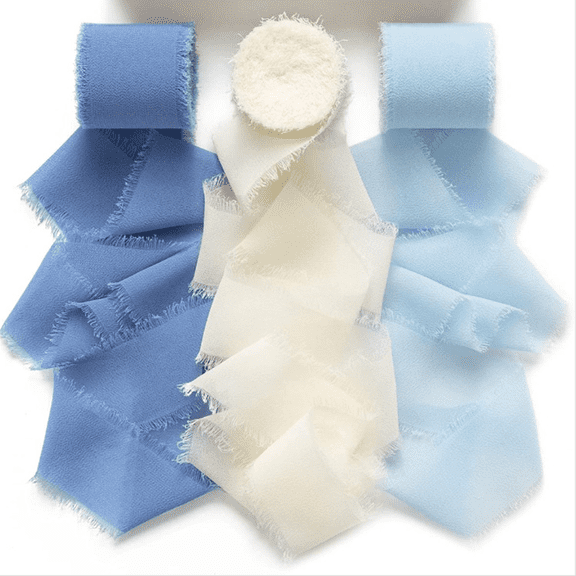 3 Roll/set 5m/5 Yards Frayed Edged Satin Handmade Chiffon Silk Ribbon for Wedding Invitation Bouquet Birthday Party Decoration Christmas Wreath Decoration Gift Wrapping DIY Craft Sewing Supplies