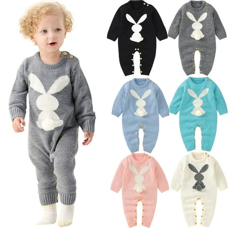 

0-24M Cute Infant Baby Girls Boys Knitted Romper Rabbit Snowsuit Bodysuit Overalls for Toddler Fall Winter
