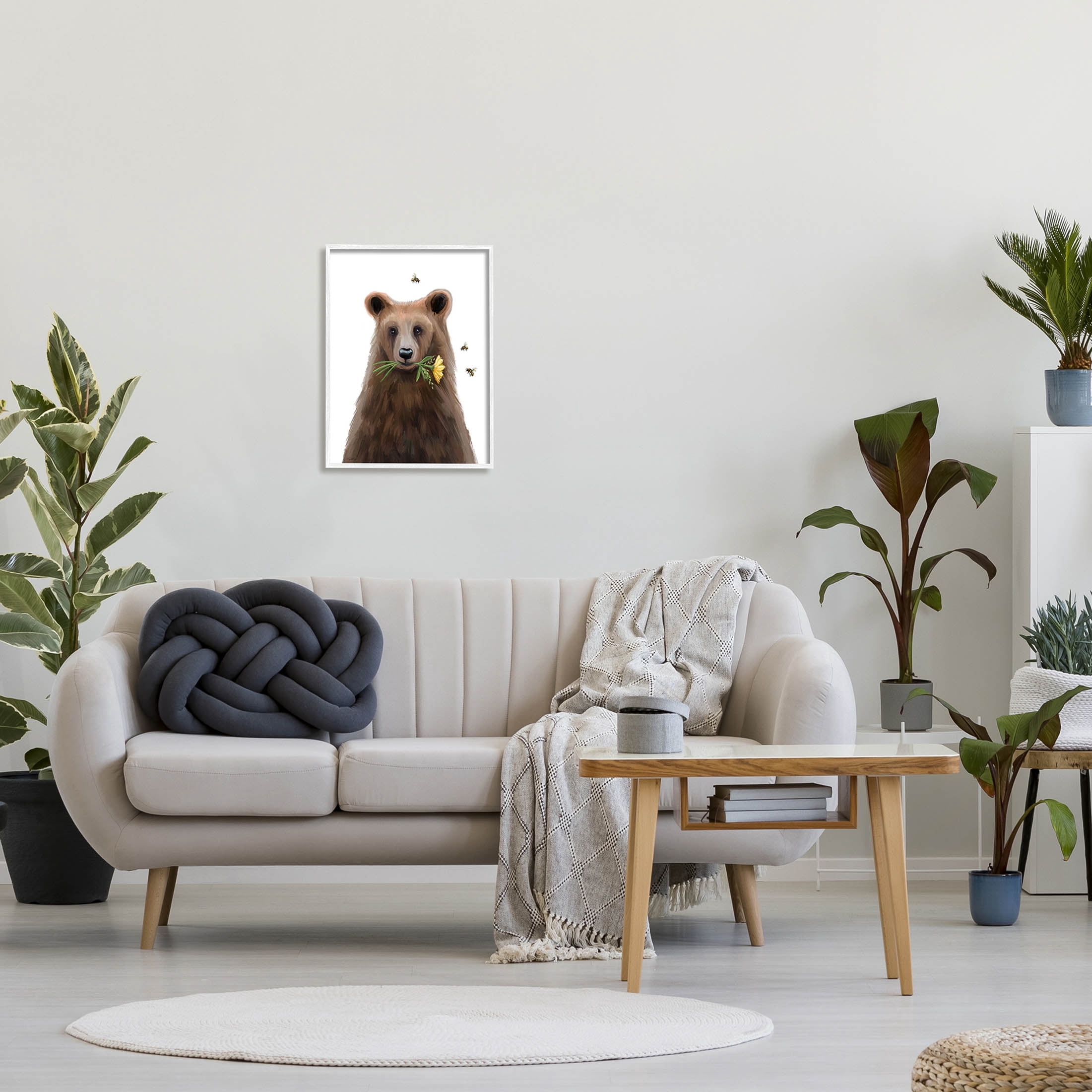 Stupell Industries Woodland Bear Flower Sprig Graphic Art White Framed Art Print Wall Art, Design by Elizabeth Tyndall