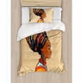 thumbnail image 3 of African King Size Duvet Cover Set, Ethnic Woman with Exotic Feather Earring and Scarf Zulu Hippie Artwork, Decorative 3 Piece Bedding Set with 2 Pillow Shams, Caramel and Marigold, by Ambesonne, 3 of 3