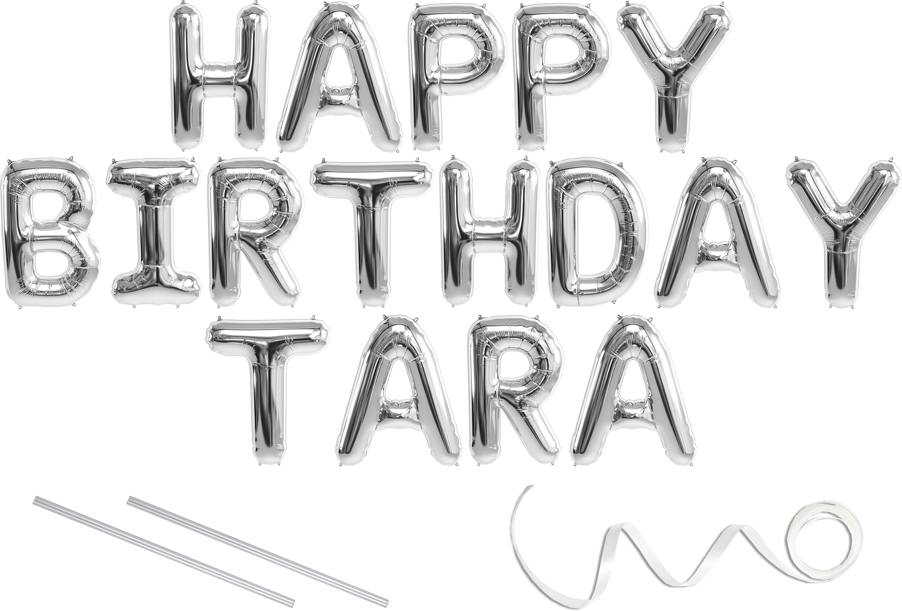 tara happy birthday mylar balloon banner silver 16 inch letters includes 2 straws for inflating string for hanging air fill only does not float w helium great birthday decoration walmart com