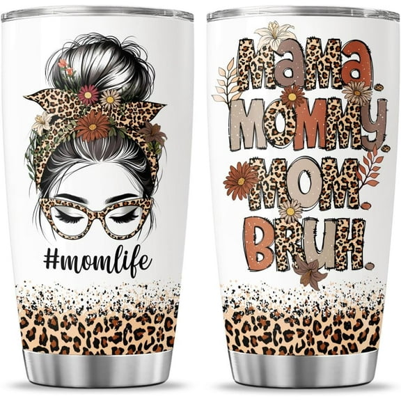 Tumbler 20 Oz With Lid And Straw, Day Mothers Women For Leopard Cheetah Print Funny Handle Mama Coffee Insulated Tumblers Mommy Mother Cups, Mom Gifts, Mom Bruh