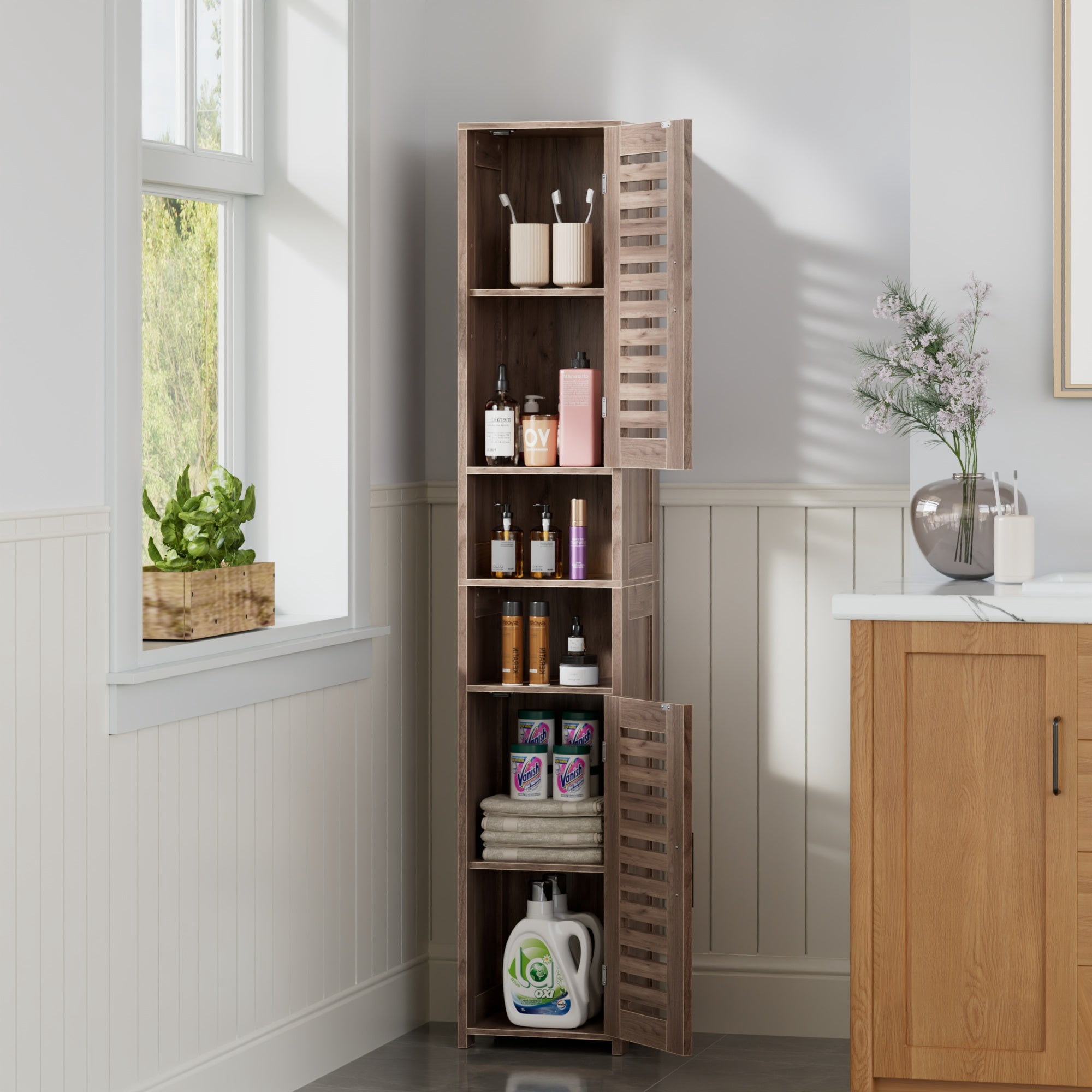 VECELO 67" Tall Bathroom Storage Cabinet, Slim Narrow Bathroom Cabinet Organizer with Doors and Adjustable Shelves, for Small Space, Living Room, Kitchen, Light Brown