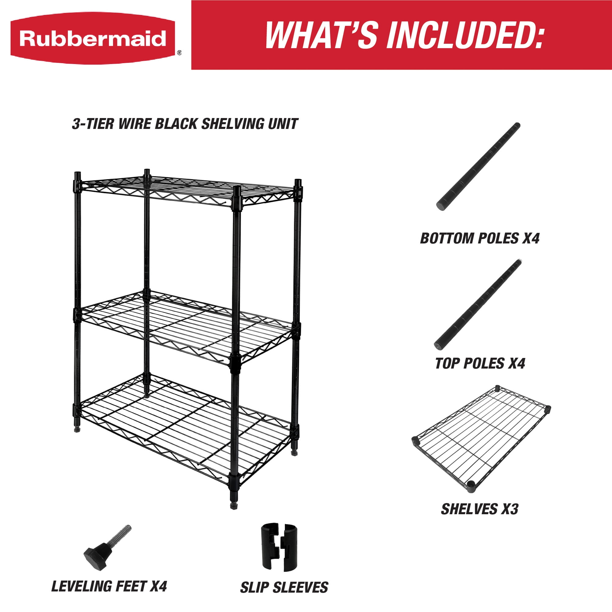 Rubbermaid 3-Tier Heavy Duty Black Wire Shelving Unit, 450lb Capacity