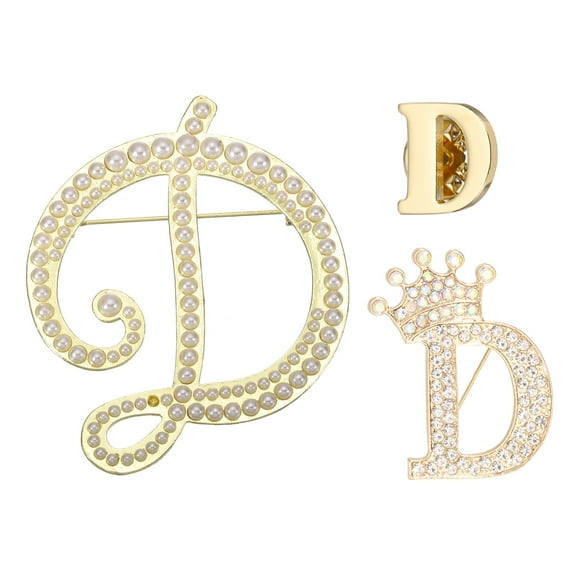 Uxcell 3PCS A-Z Letter Brooch Set, 3 Styles Crown & Pearl Minimalist Initial Rhinestone Lapel Decorative Pin Kit for Women Men Suits Clothes Dress Bouquet Coat Collar, Gold, Alphabet D