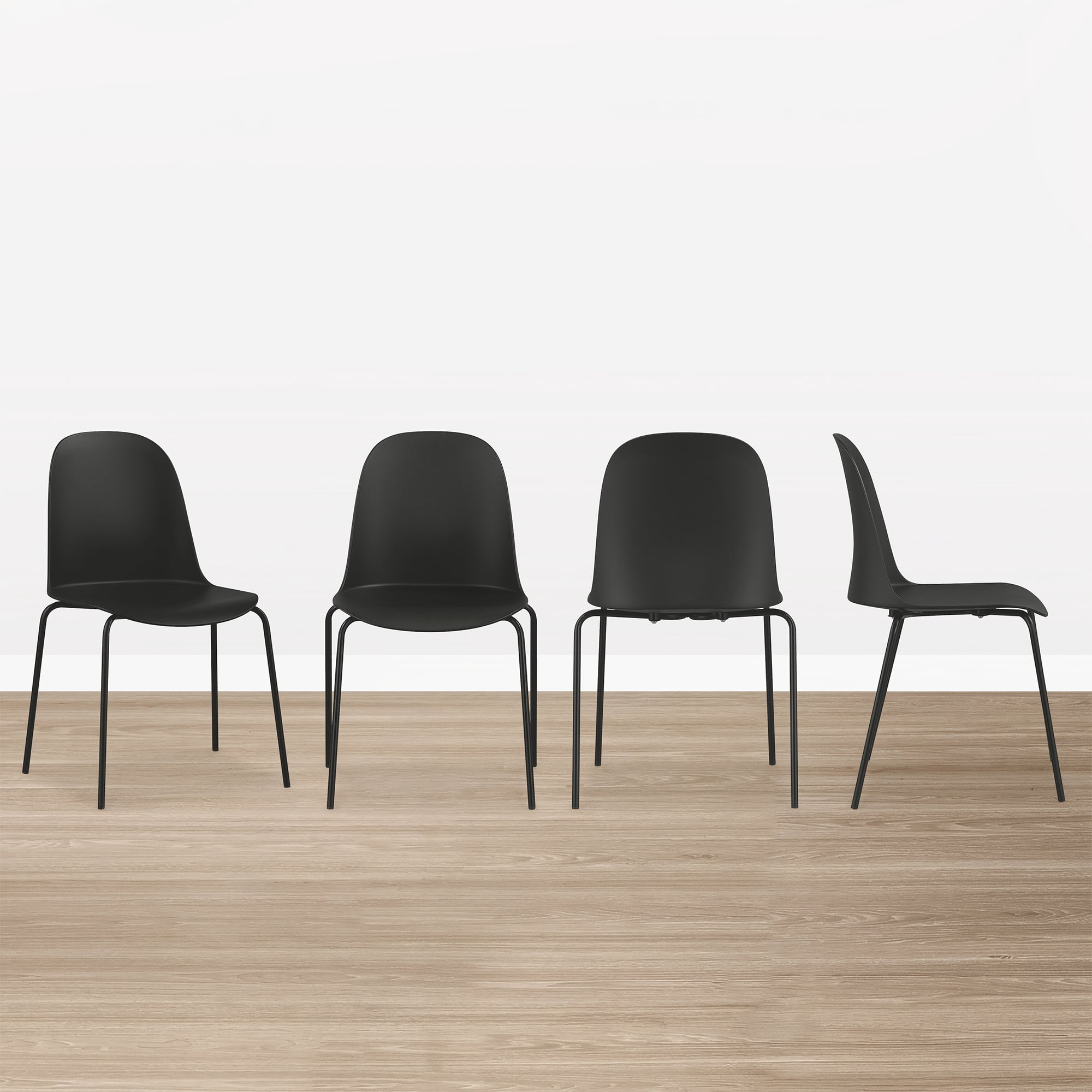 Spruce & Spring Modern Stackable Dining Chairs, Molded Plastic Kitchen Chairs with Metal Legs, Space-Saving Armless Design, BLACK, Set of 4