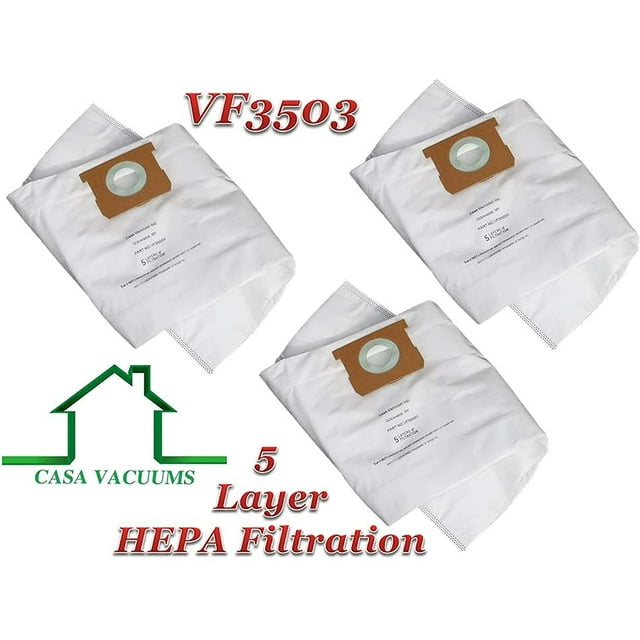 Casa Vacuums 3Pack HEPA Replacement for Ridgid VF3503. Collection Bags for 59 Gallon Wet/Dry